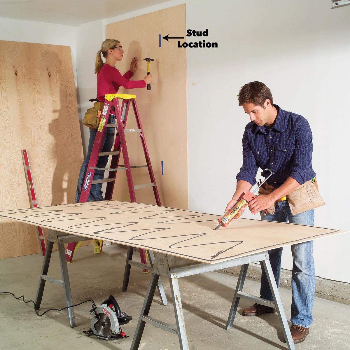 Nail plywood to the studs