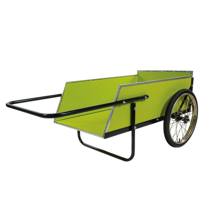 A green cart with a black metal frame and a single wheel sits still; its open design suggests it's ready for transporting goods or materials.