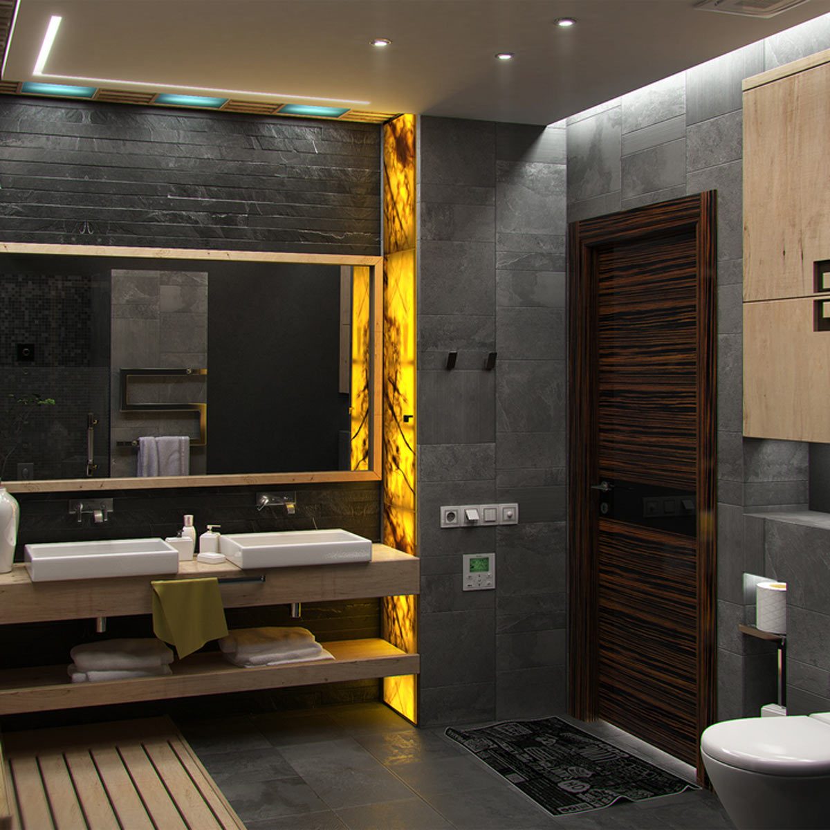 A modern bathroom features dual sinks on a wooden countertop, illuminated by stylish lighting against dark stone walls, with a contrasting wooden door and decor.