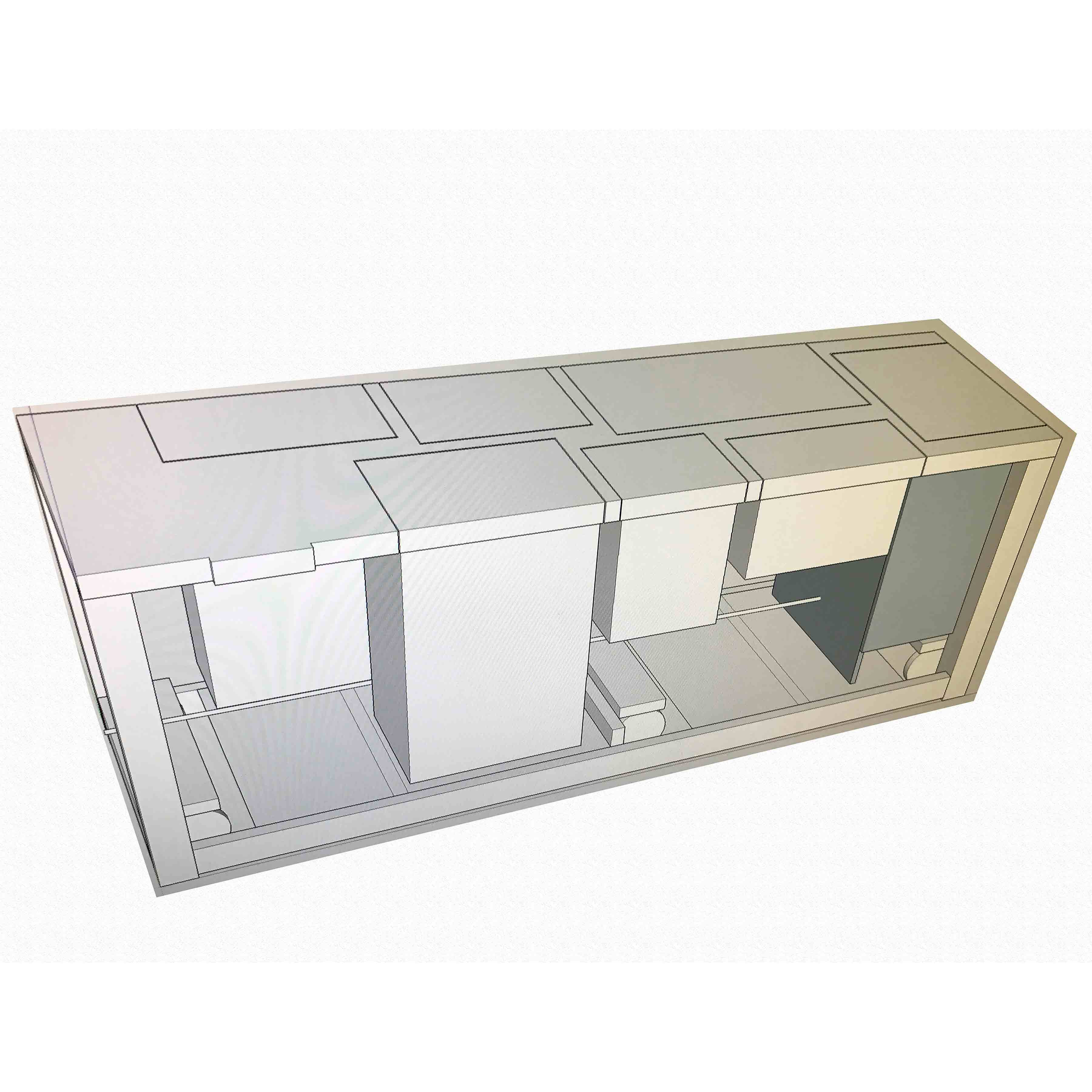 A 3D model of a rectangular structure displays various interconnected sections, representing compartments and features, designed in a minimalistic, geometric style.