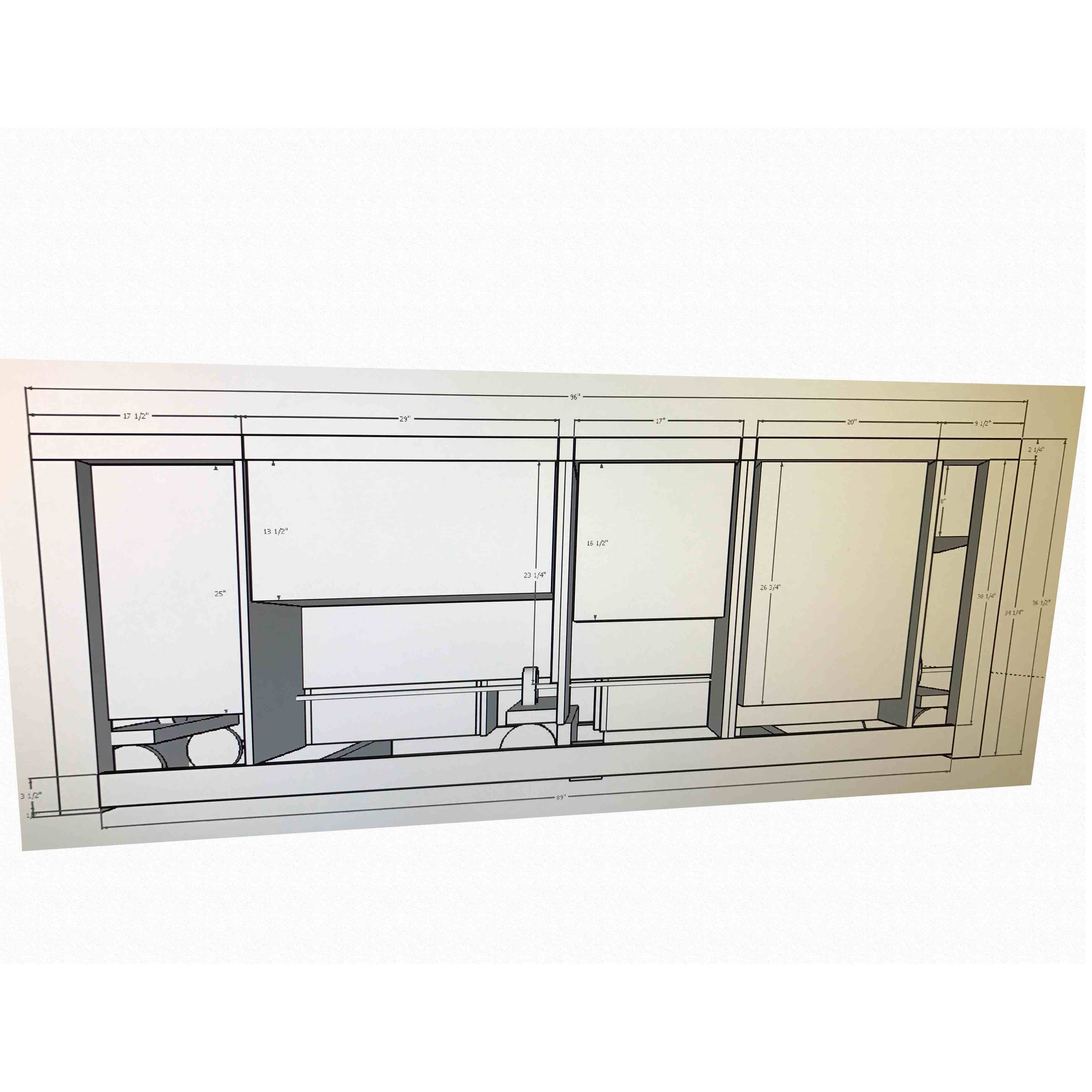 A floor plan sketch displays rooms and dimensions indicating layout and design, primarily featuring boxes and lines with measurement annotations.