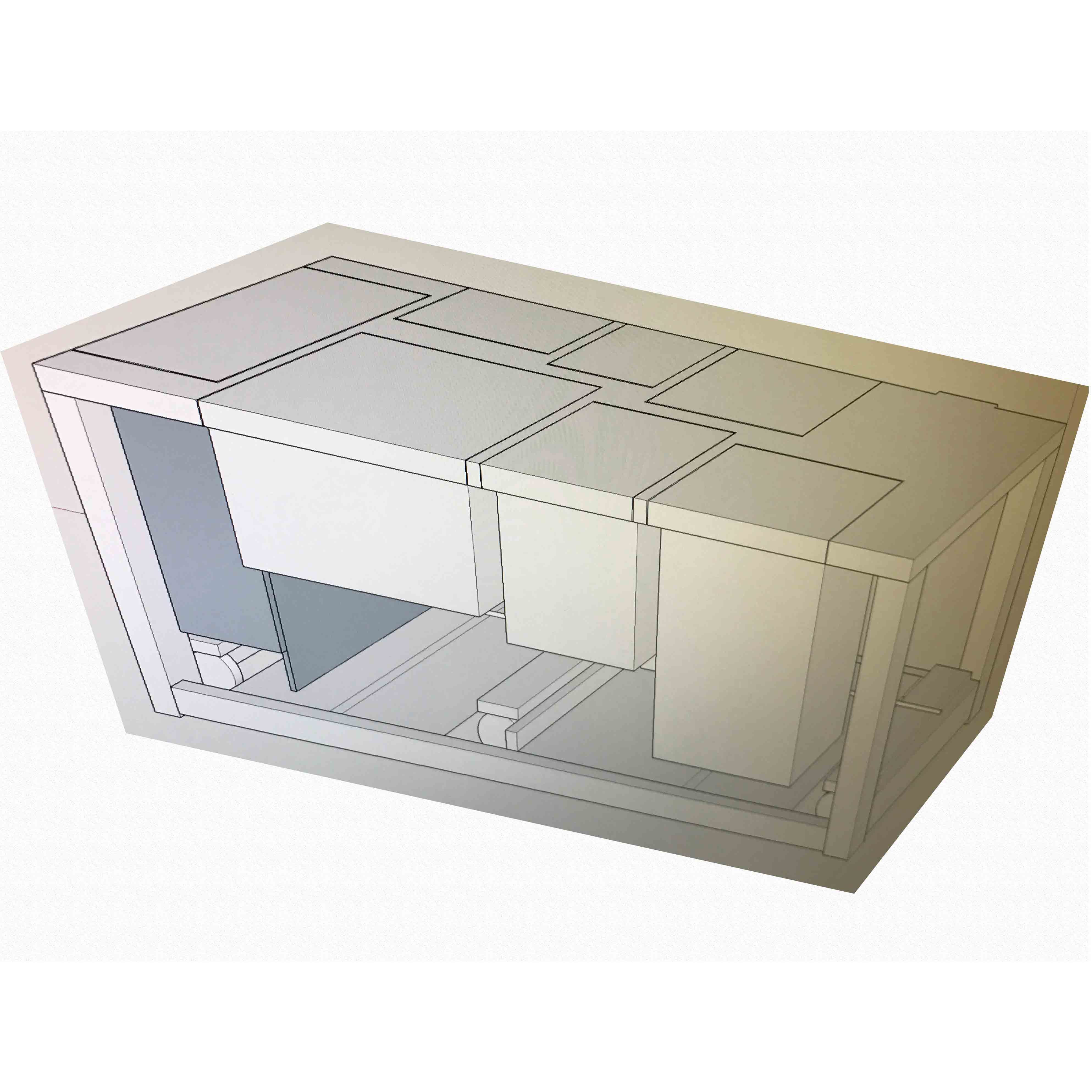 A geometric structure features various interconnected blocks of different sizes, positioned within a rectangular frame, suggesting a design or architectural concept.