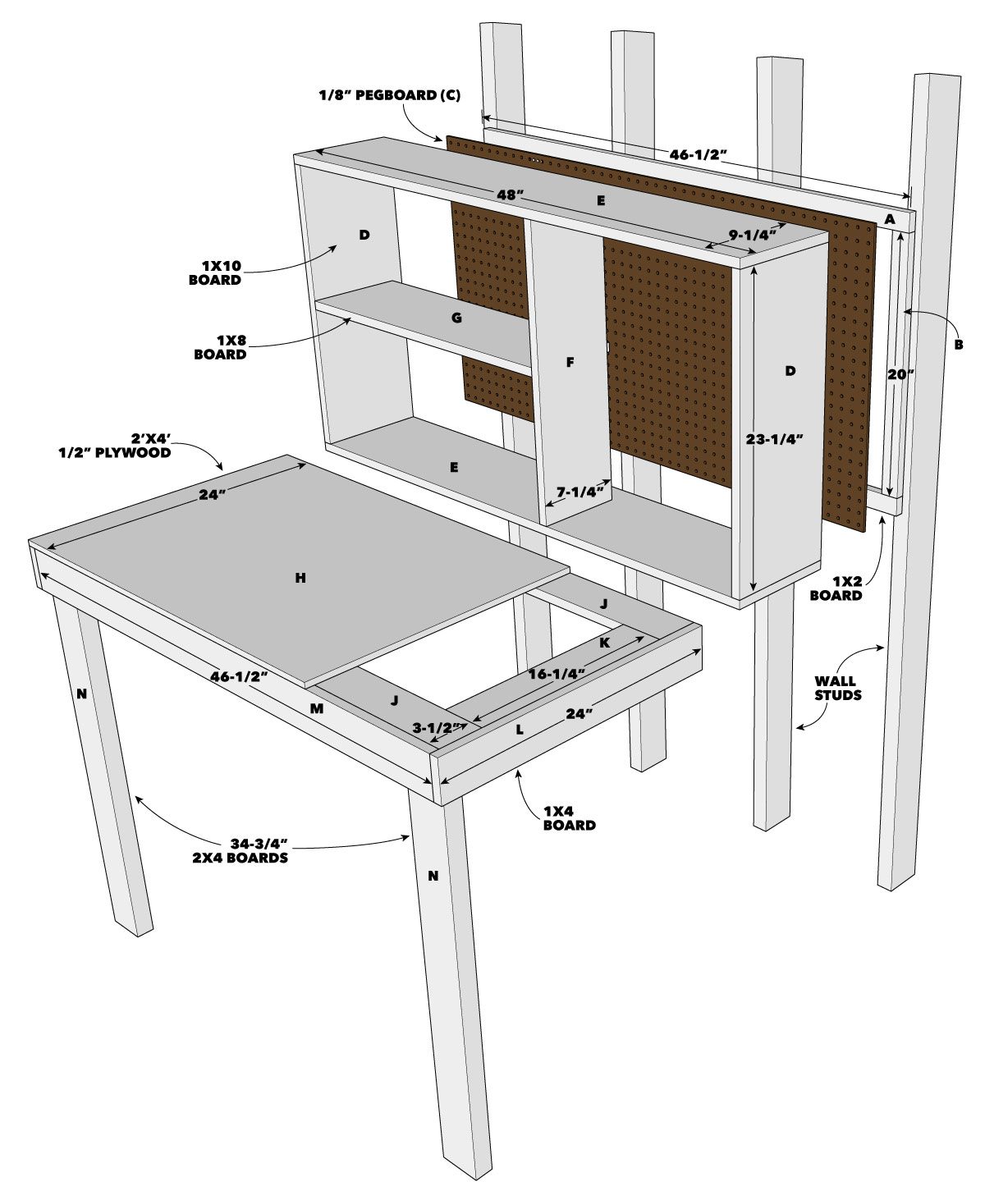 A detailed illustration shows a workbench design featuring labeled dimensions and component parts, including shelves and pegboard, in a workshop setting.