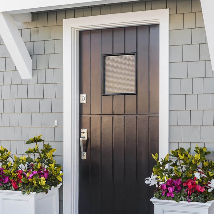 Black Front Door with Planters