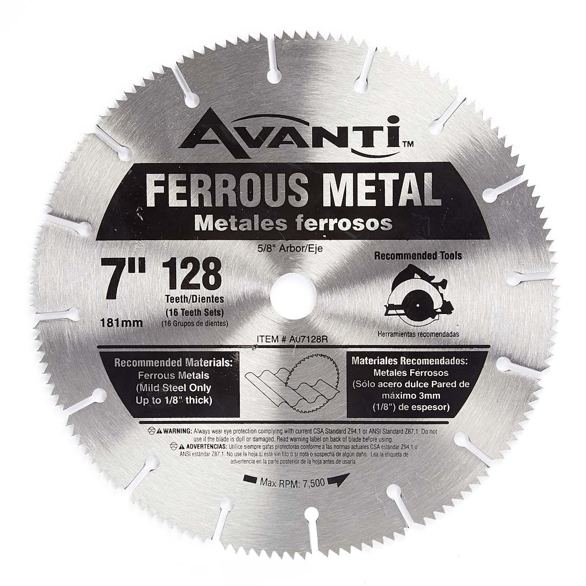 A circular saw blade designed for cutting ferrous metals, featuring 128 teeth, labeled with specifications and recommended materials for optimal use.
