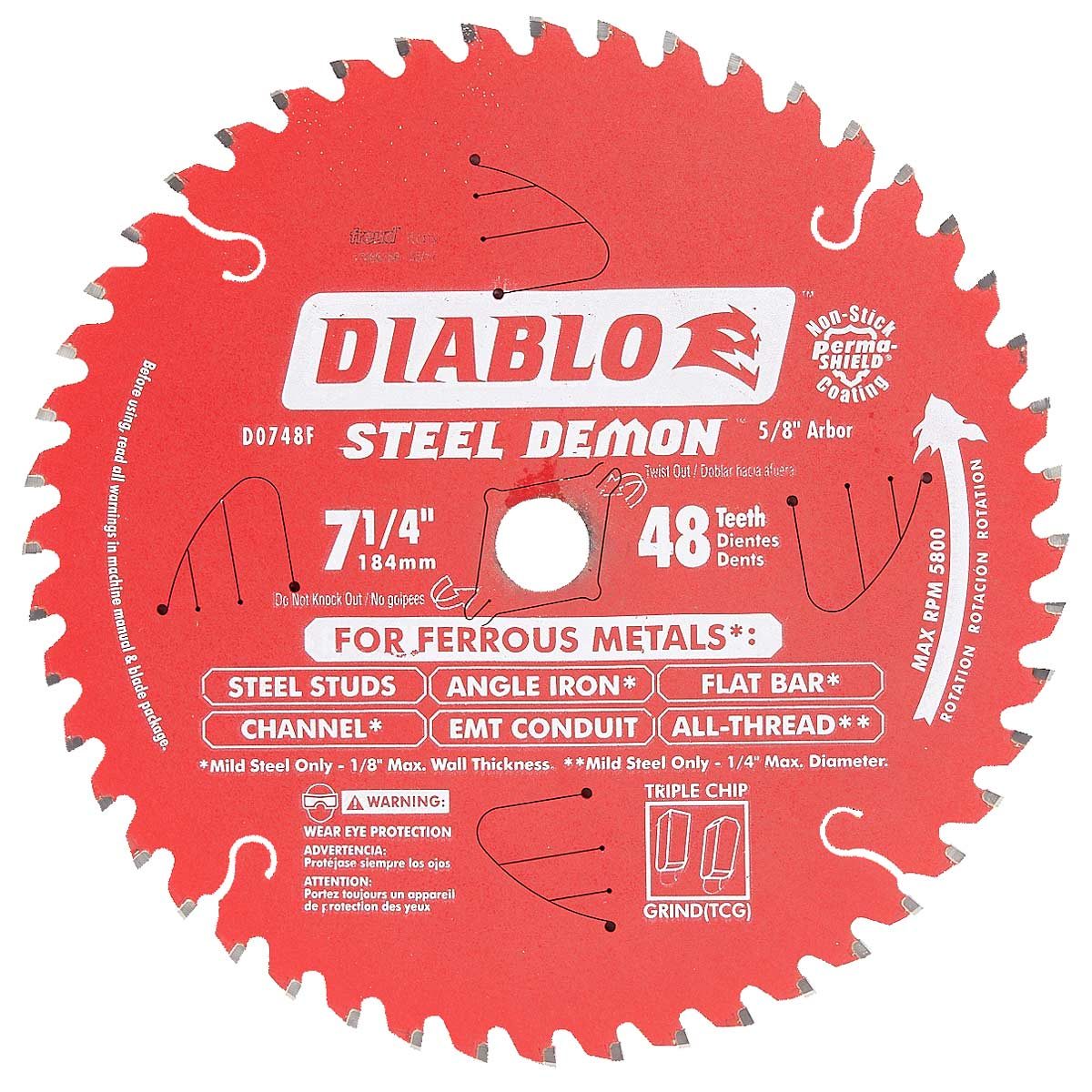A circular saw blade, labeled "DIABLO STEEL DEMON," features 48 teeth, designed for cutting ferrous metals, with specifications printed in red on a white background.