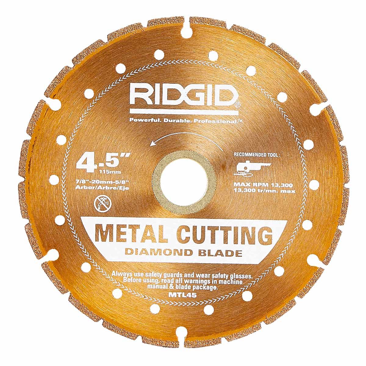 A metal cutting diamond blade lies flat, displaying a gold surface with teeth around its edge and various text indicating size, type, and safety instructions.