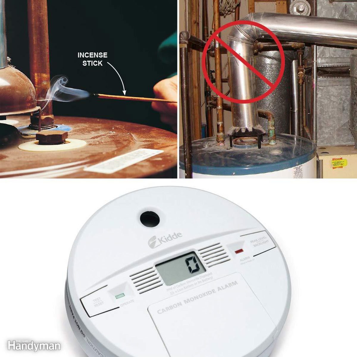 An incense stick emits smoke, while a carbon monoxide alarm displays a reading in a household setting with visible gas piping and safety warnings.