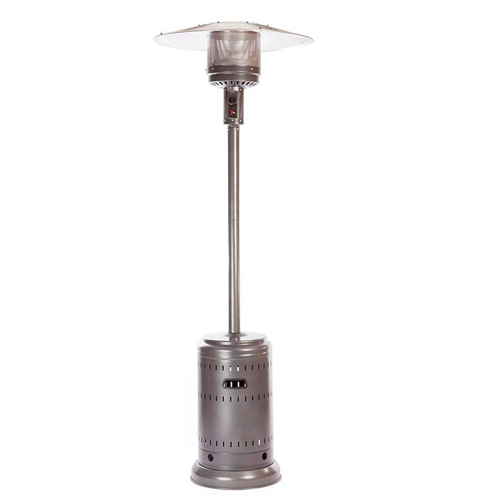 A patio heater stands upright, radiating heat from above, designed for outdoor spaces to provide warmth during chilly weather.
