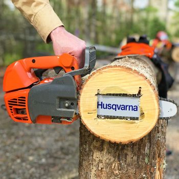 A chainsaw rests against a freshly cut tree trunk, with its blade near a visible logo. The setting is an outdoor area with trees in the background.
