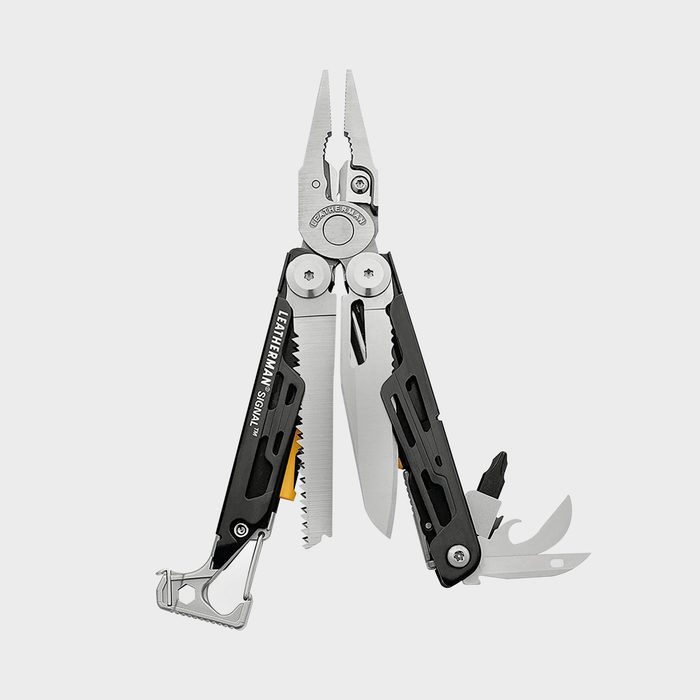 A multitool with pliers, a knife, and various other tools is open, showcasing its features against a gray background, emphasizing versatility and practicality.