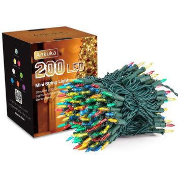 Colorful LED string lights are coiled beside a box labeled "200 LED Mini String Lights," intended for indoor or outdoor decorations.