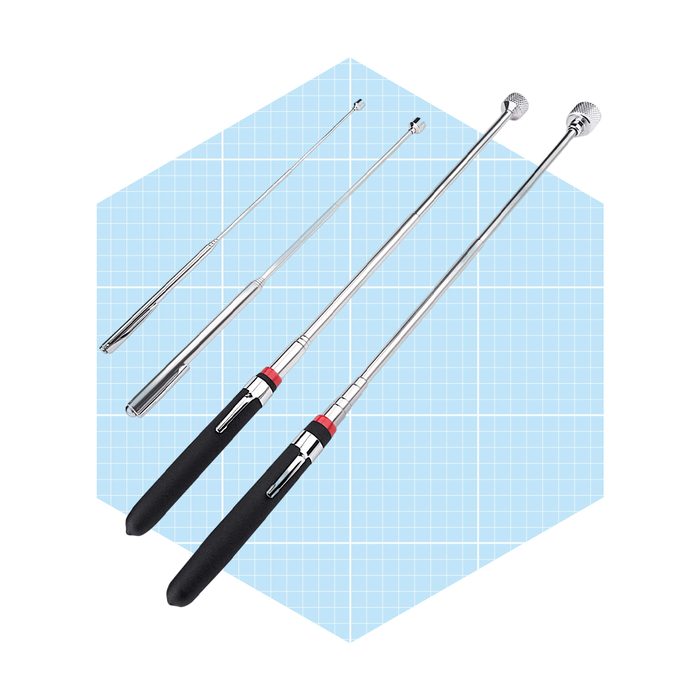 Four telescopic metal rods with black rubber grips, positioned vertically against a light blue grid background, suggesting functionality for precise tasks in measurement or maneuvering.