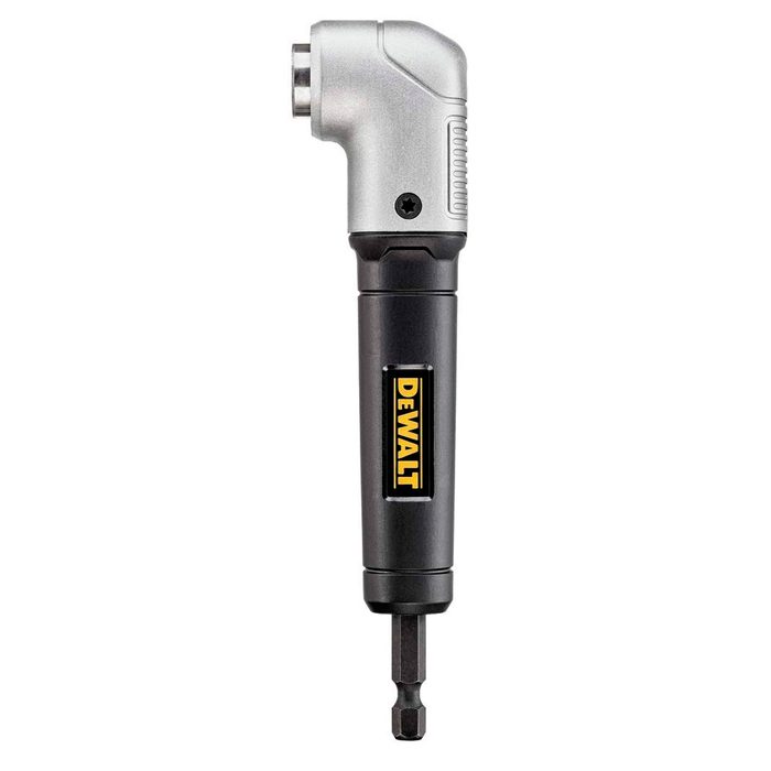 A DeWALT right-angle drill is positioned upright, featuring a silver head and black handle, designed for accessing tight spaces in construction tasks.