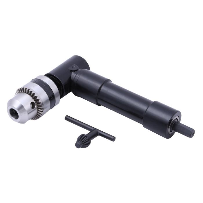 A angled drill attachment, with a silver chuck and a black handle, is placed next to a wrench in a neutral background.
