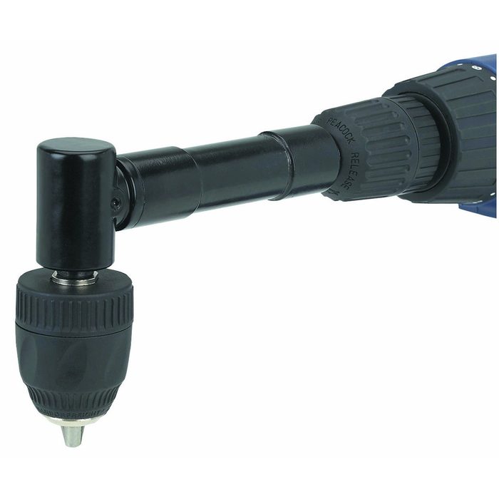 A drill with a adjustable chuck is positioned for use, ready to engage in drilling tasks within a workspace, suggesting a mechanical or construction context.
