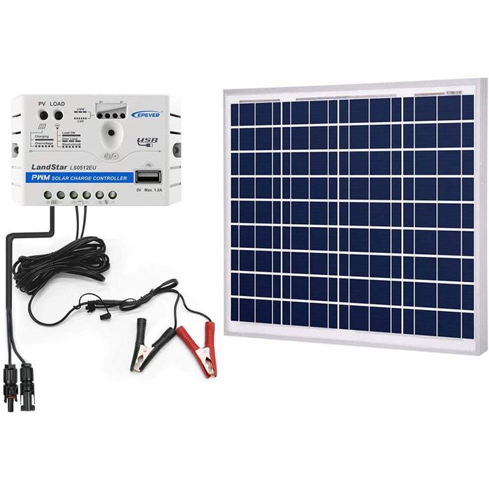 A solar charge controller is connected by wires to a solar panel, with battery clips nearby, all set against a neutral background.