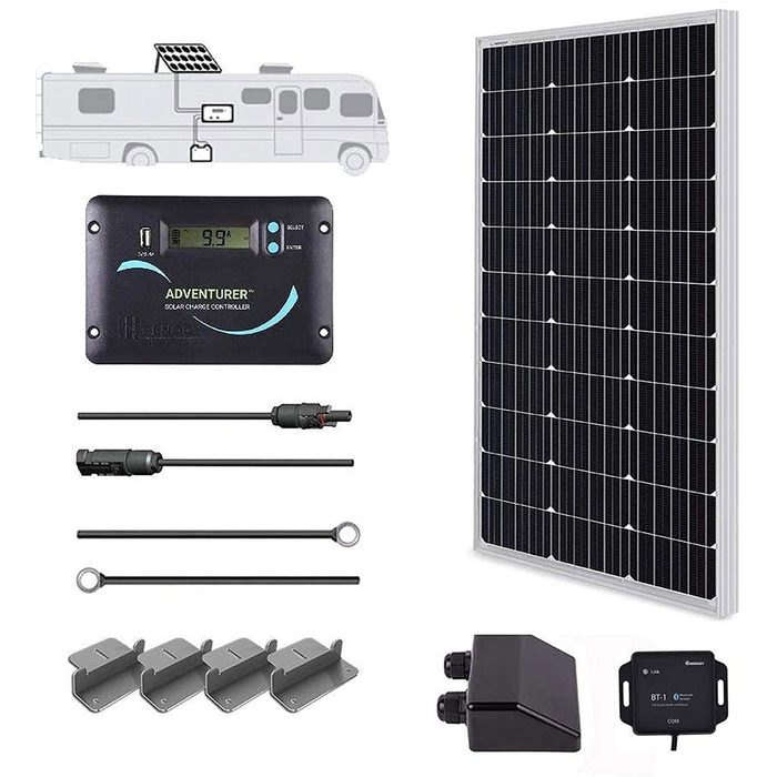 A solar panel and components are arranged, showing a solar charge controller, connectors, and mounting hardware, suggesting usage for a mobile or stationary power system.