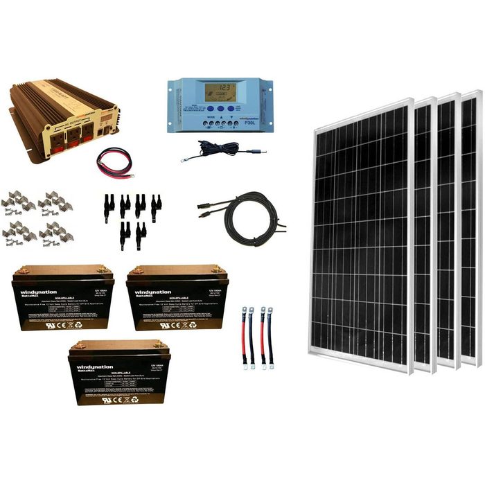 Solar power kit components include solar panels, batteries, a charge controller, and cables, arranged on a neutral background, designed for renewable energy setup.