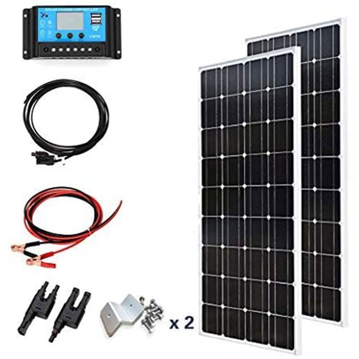 Two solar panels are arranged vertically, accompanied by a charge controller, wiring, connectors, and mounting brackets, all intended for solar energy collection and use.