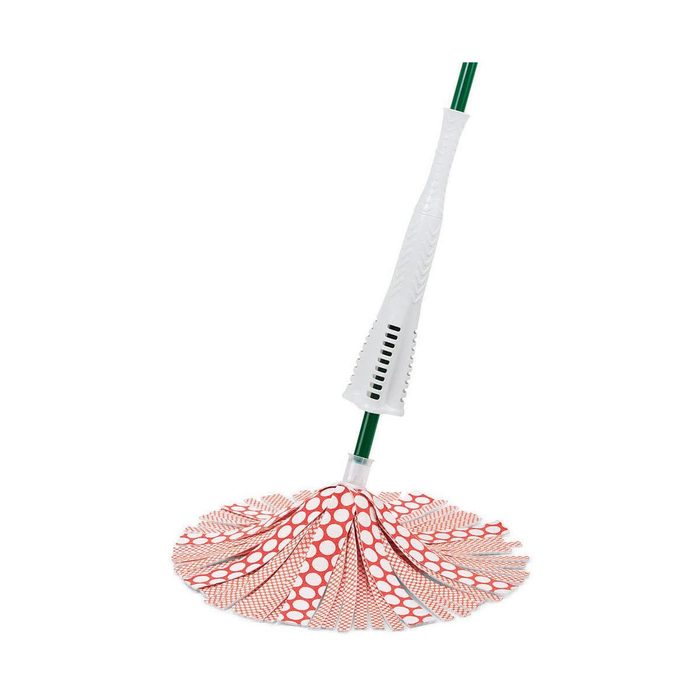 A cleaning mop with a distinctive red and white bristle head stands upright, designed for efficient dirt removal on various surfaces.