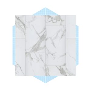 White marble tiles with gray veining are arranged in a grid pattern, placed on a light blue grid background.
