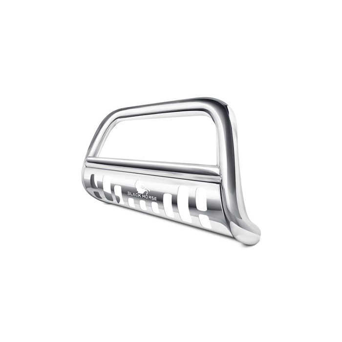 A polished metal bull bar rests horizontally. It is designed for vehicle protection, set against a plain white background.