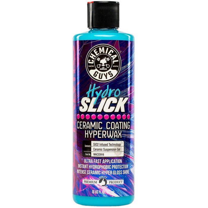 A bottle of Hydro Slick ceramic wax stands upright, showcasing its vibrant blue and purple label, detailing its features and benefits for vehicle protection.