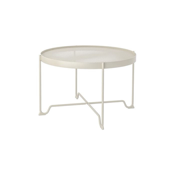 A round, white metal table stands on slender legs, featuring a perforated top, suitable for indoor or outdoor settings.