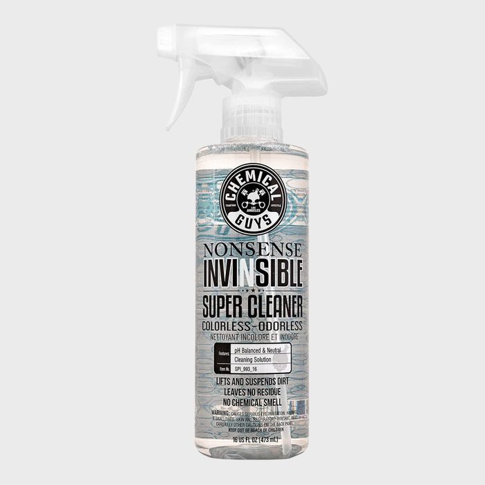 A spray bottle filled with a clear cleaning solution, labeled 