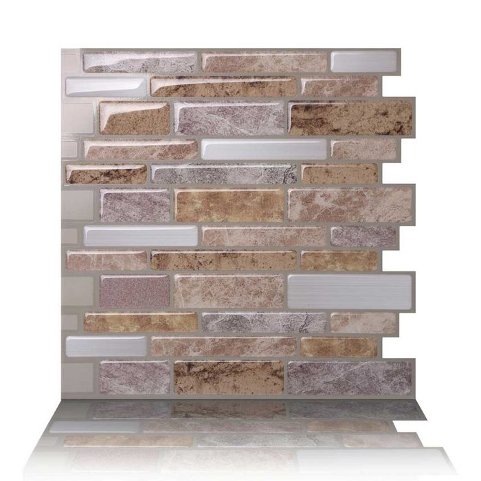 A mosaic tile wall features various rectangular stones in shades of brown and gray, arranged horizontally with a reflective surface underneath.