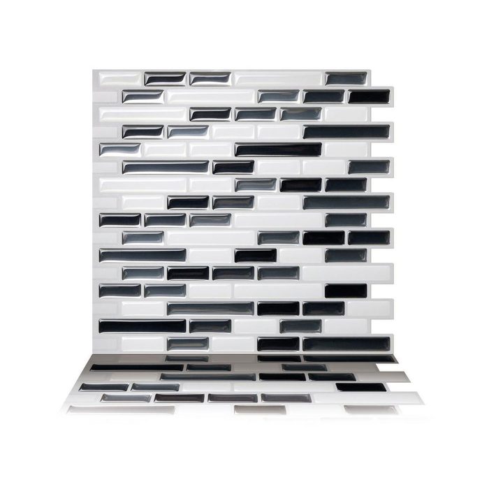 A mosaic of rectangular tiles, alternating in black and white, is displayed. The tiles create a structured, modern pattern on a flat surface.
