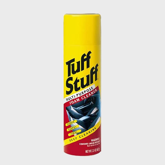 A yellow can of multi-purpose foam cleaner stands upright, labeled 