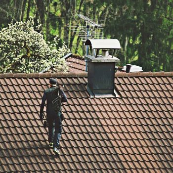 A person walks on a sloped, tiled roof, carrying tools, surrounded by trees and a chimney, with a clear sky above.