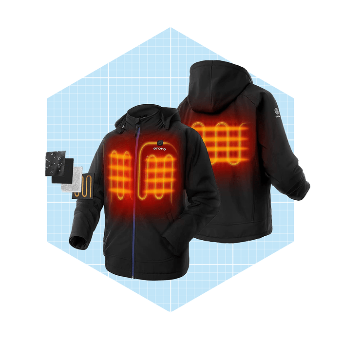 A black heated jacket displays glowing orange heat patterns across the chest, surrounded by design elements on a blue grid background.