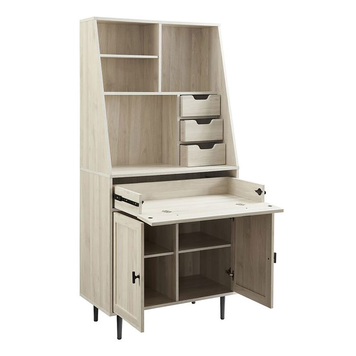 A tall, light-colored wooden desk has an open shelf, three drawers, a pull-out workspace, and two cabinet doors, suitable for organized storage in a home office.