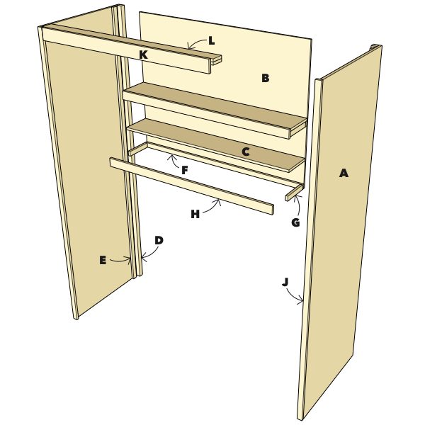 A wooden framework features shelves and rods for storage organization. It stands upright, designed to maximize space in a closet or similar area.
