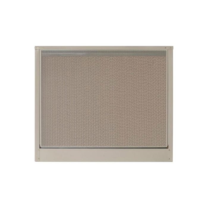 A rectangular air filter sits flat; it's designed for air purification in a home or office, with a textured surface for trapping particles.