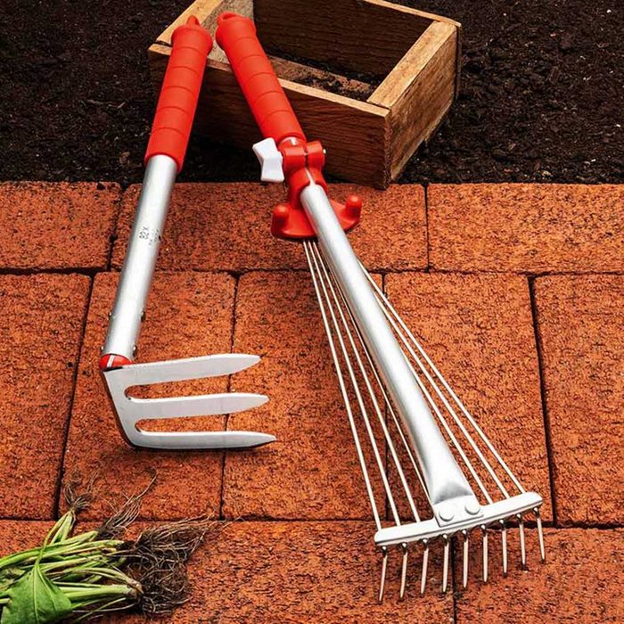 Two gardening tools with red handles rest on textured soil. One is a three-pronged fork, and the other is a cultivator with multiple spikes.