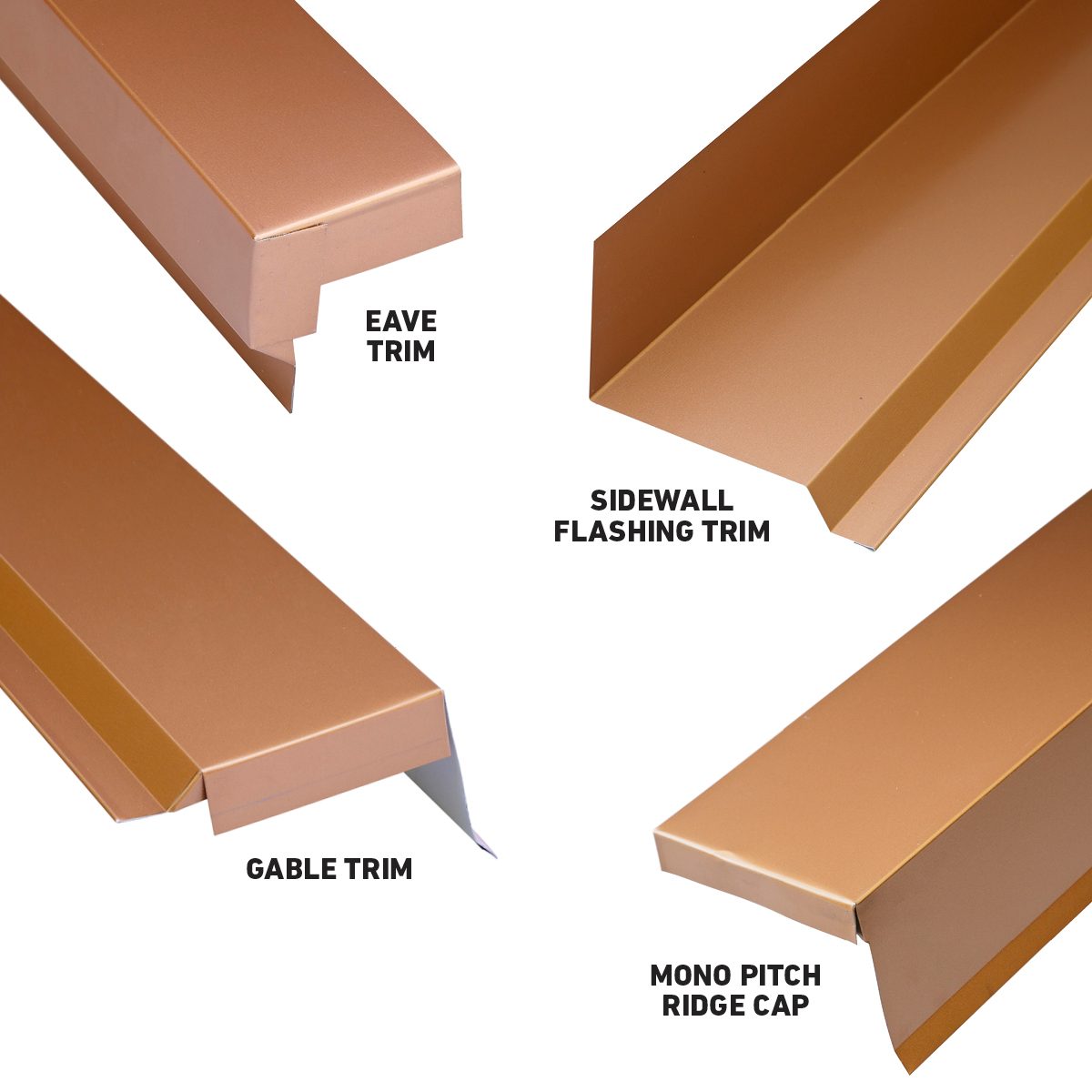 Four metal trim pieces in a golden hue are displayed, labeled as Eave Trim, Sidewall Flashing Trim, Gable Trim, and Mono Pitch Ridge Cap.