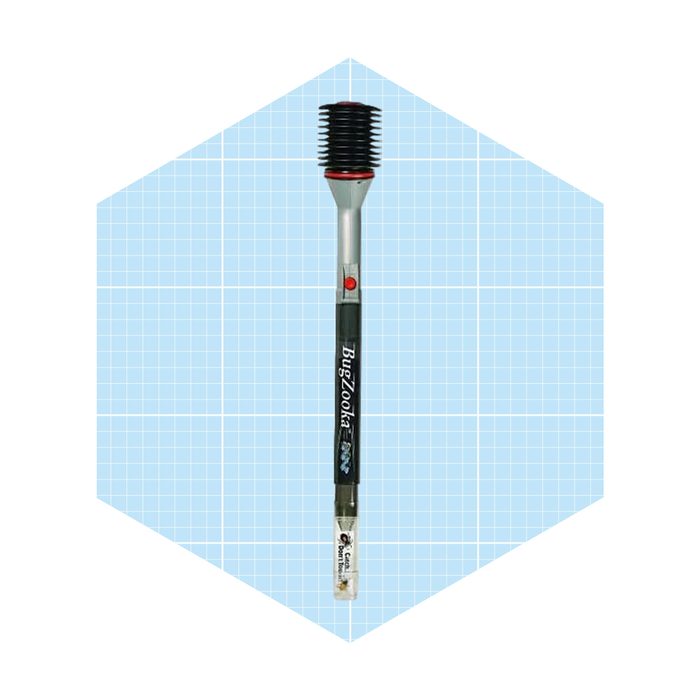 A handheld bug-catching tool stands vertically, featuring a pointed end and a coiled top, set against a light blue grid background.