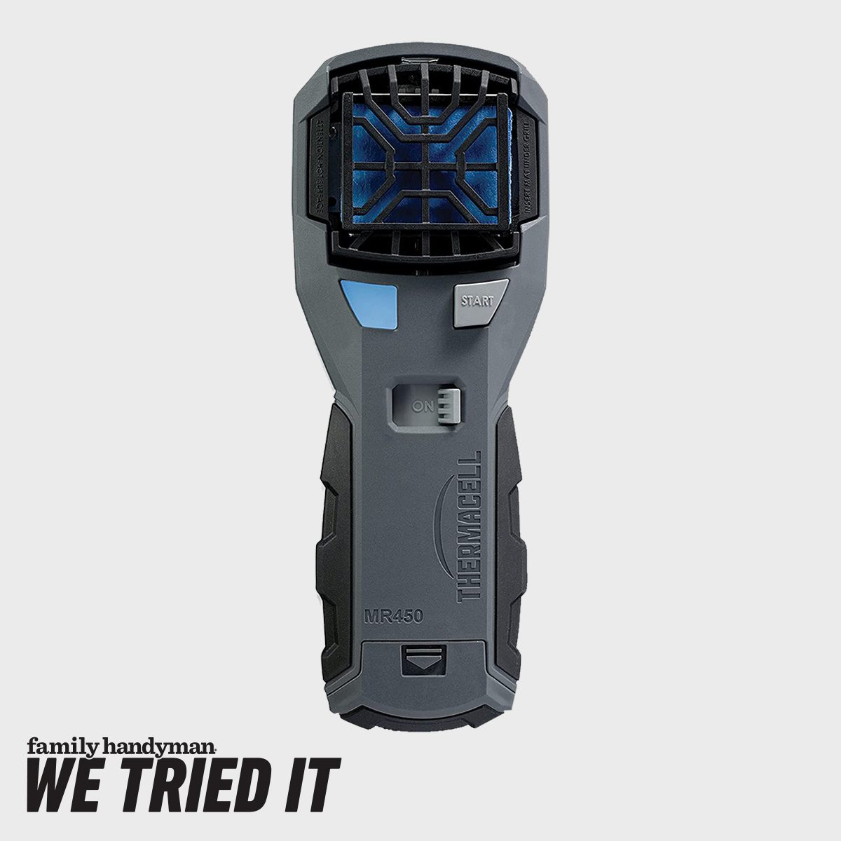 A handheld device emits a blue light, indicating activation. It features buttons for power and start, set against a plain background.