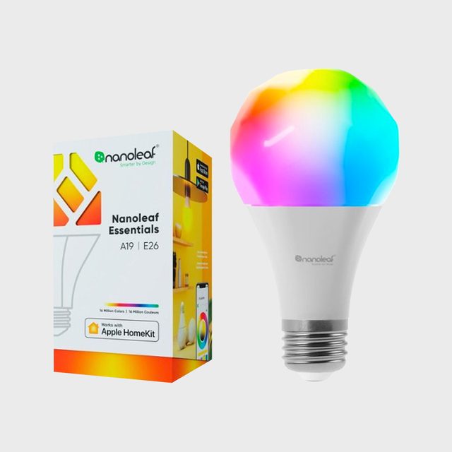 A colorful smart light bulb is displayed next to its box, showcasing a vibrant design and features for color customization and home automation compatibility.