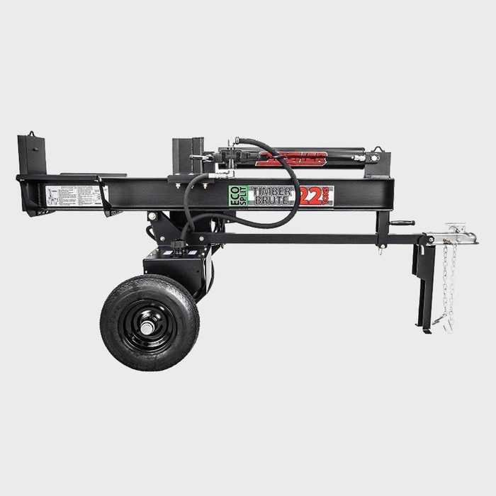 A portable log splitter stands on a single wheel, ready for action, with hydraulic components visible and labeled for operation.