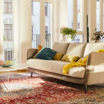 A sofa adorned with colorful pillows rests on a patterned rug, beside a coffee table with a bowl of fruit, illuminated by sunlight through large windows.