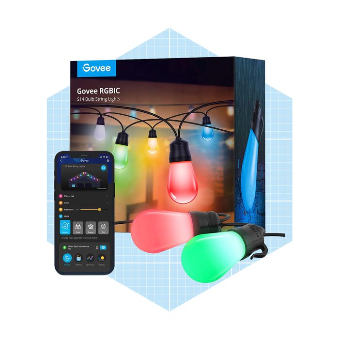 Colorful LED string lights are displayed alongside a smartphone app, showcasing various light settings against a patterned background.