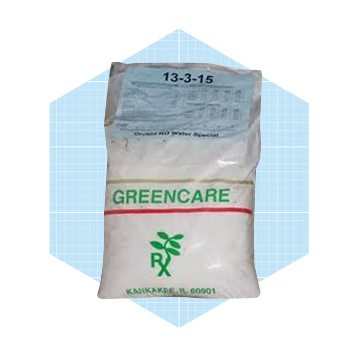A bag of fertilizer is displayed, labeled 