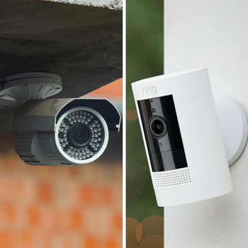 Two security cameras are positioned: one is mounted beneath a surface with an array of lights, and the other is affixed to a wall, featuring a sleek design.