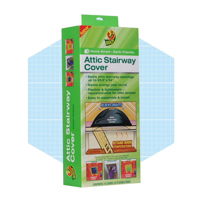A packaged attic stairway cover is displayed, highlighting its features for energy savings and insulation against drafts, suitable for sealing stairway openings.