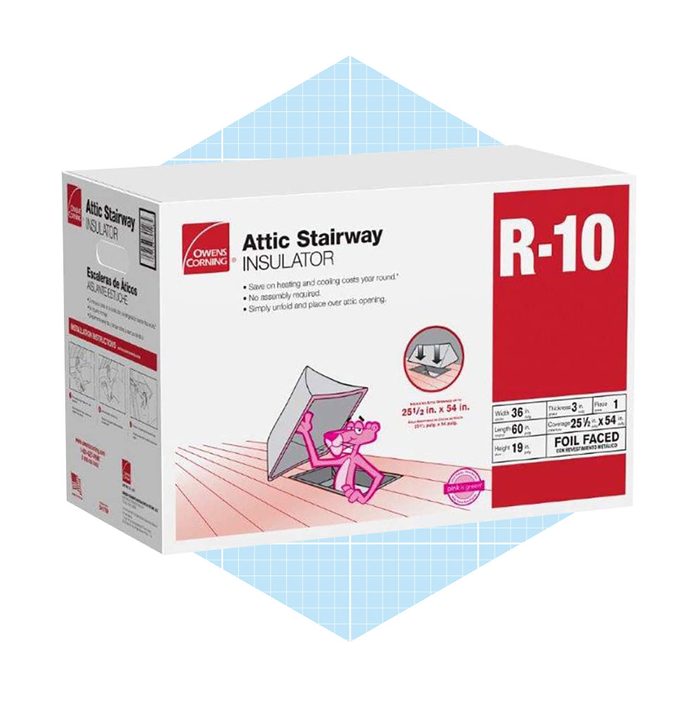 A box of attic stairway insulator sits laid flat, promoting energy savings; it illustrates its use and dimensions while highlighting the product's easy installation.